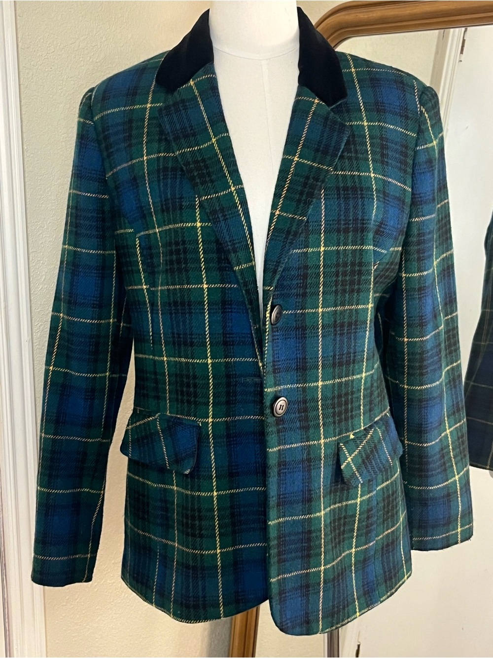 Sag Harbor Blue and Green Plaid Blazer with Black Velvet Collar